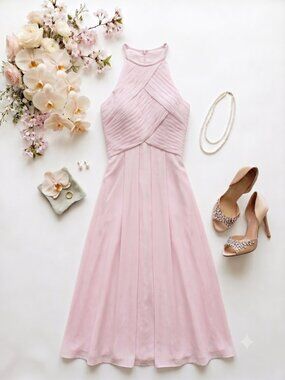 Light Pink Halter Floor Length Dress with Pleated Bodice